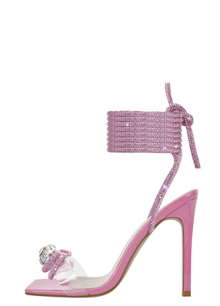 Diamante Bow Lace Up Clear Perspex Open Toe Stiletto Sandals - Pink
