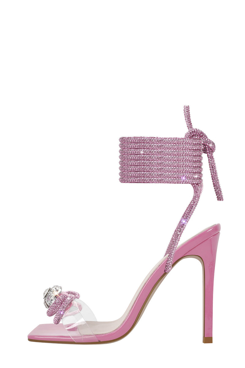 Diamante Bow Lace Up Clear Perspex Open Toe Stiletto Sandals - Pink