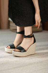 Espadrille Wide Fit Open Toe Platform Wedge Sandals - Black
