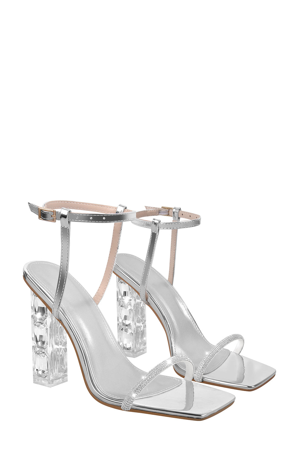 Diamante Embellished Square Open Toe Clear Block Heel Sandals - Silver