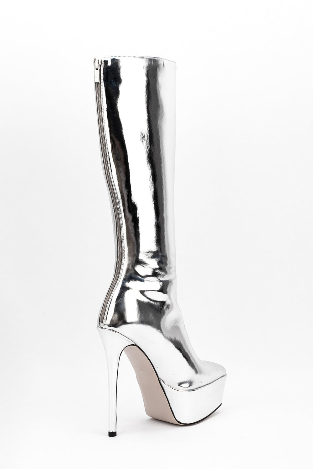 Faux Leather Platform Pointed Toe Knee High Boots - Silver