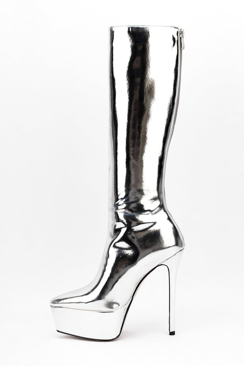 Faux Leather Platform Pointed Toe Knee High Boots - Silver