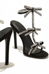 Diamante Embellished Bow Open Toe Stiletto Sandals - Black