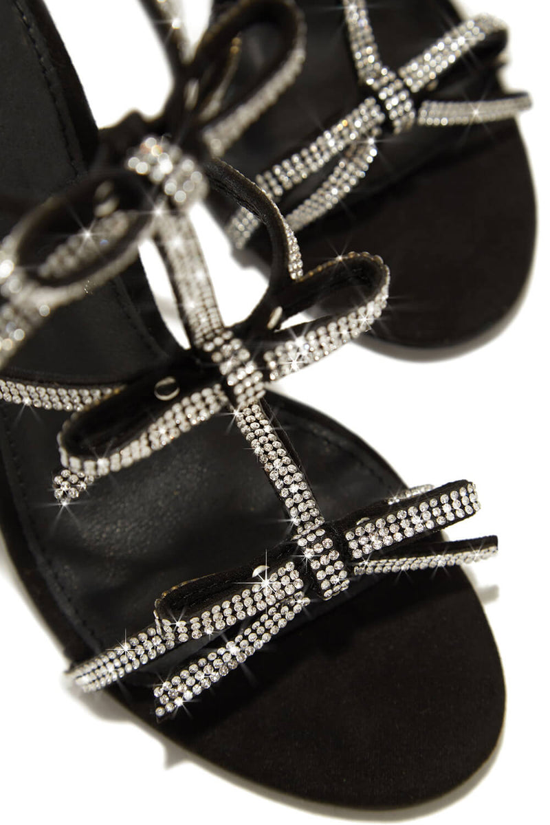 Diamante Embellished Bow Open Toe Stiletto Sandals - Black
