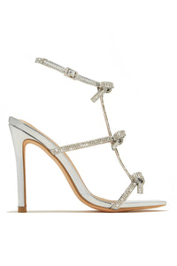 Diamante Embellished Bow Open Toe Stiletto Sandals - White