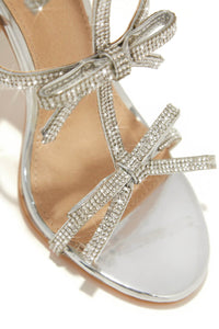 Diamante Embellished Bow Open Toe Stiletto Sandals - White