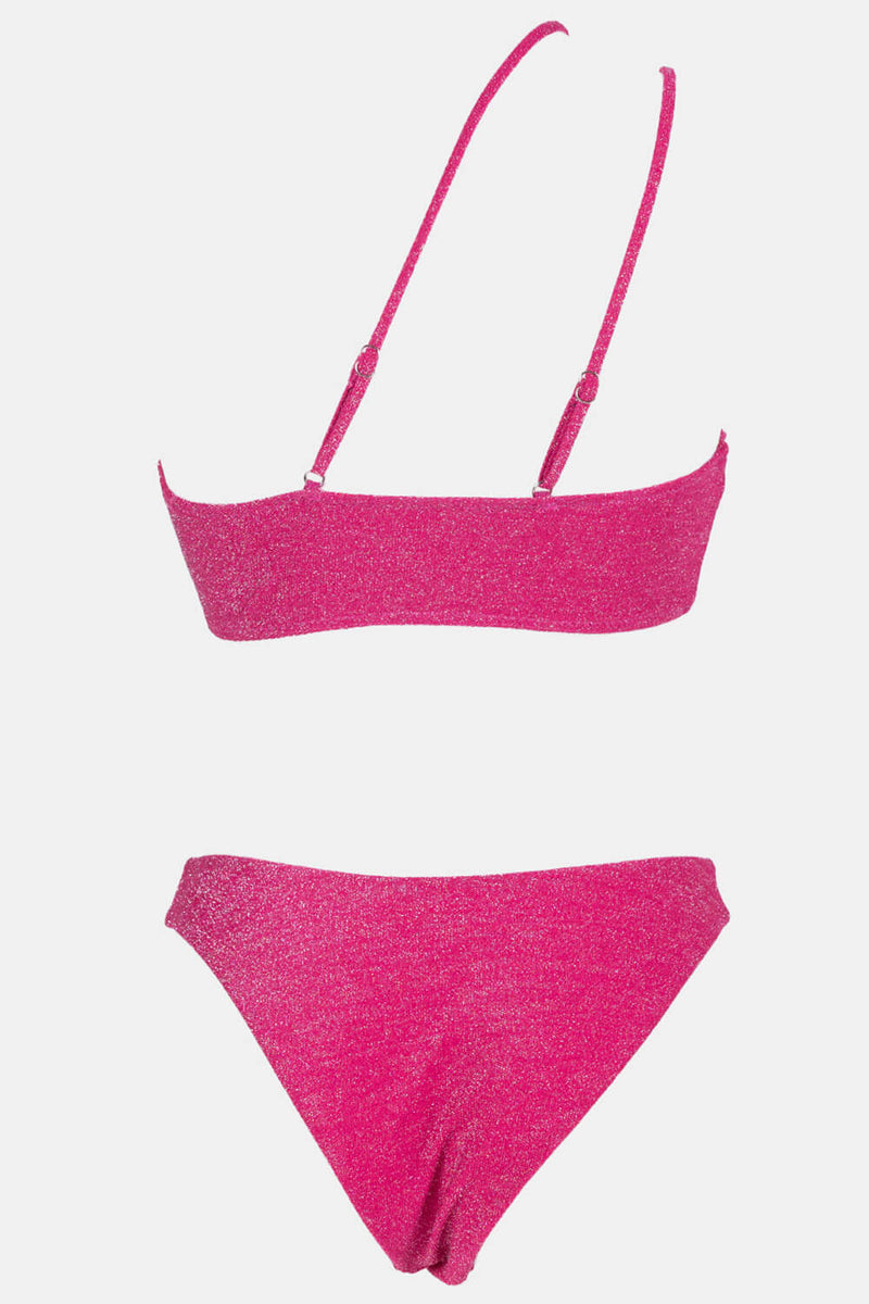 Shimmer Asymmetrical Strap Bandeau Bikini Set - Fuchsia