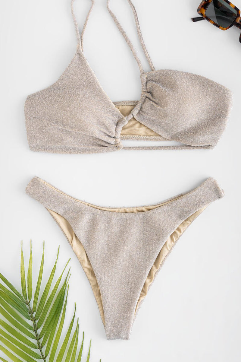 Shimmer Asymmetrical Strap Bandeau Bikini Set - Beige