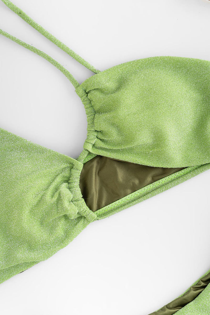 Shimmer Asymmetrical Strap Bandeau Bikini Set - Avocado