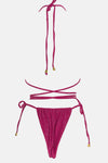 Shimmer Halterneck Triangle Wrap Tie Side Bikini Set - Fuchsia