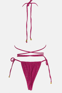 Shimmer Halterneck Triangle Wrap Tie Side Bikini Set - Fuchsia