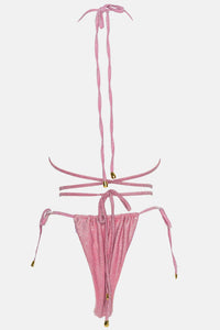 Shimmer Halterneck Triangle Wrap Tie Side Bikini Set - Pink