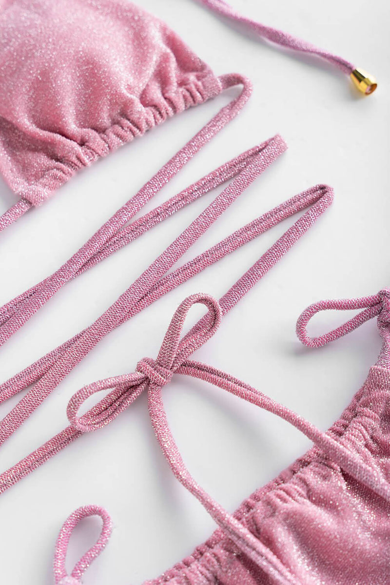 Shimmer Halterneck Triangle Wrap Tie Side Bikini Set - Pink