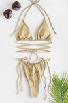 Shimmer Halterneck Triangle Wrap Tie Side Bikini Set - Beige