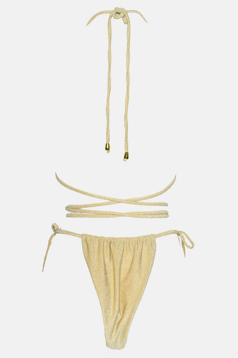 Shimmer Halterneck Triangle Wrap Tie Side Bikini Set - Beige