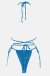 Shimmer Halterneck Triangle Wrap Tie Side Bikini Set - Blue