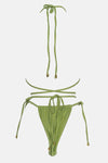 Shimmer Halterneck Triangle Wrap Tie Side Bikini Set - Avocado