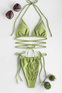Shimmer Halterneck Triangle Wrap Tie Side Bikini Set - Avocado