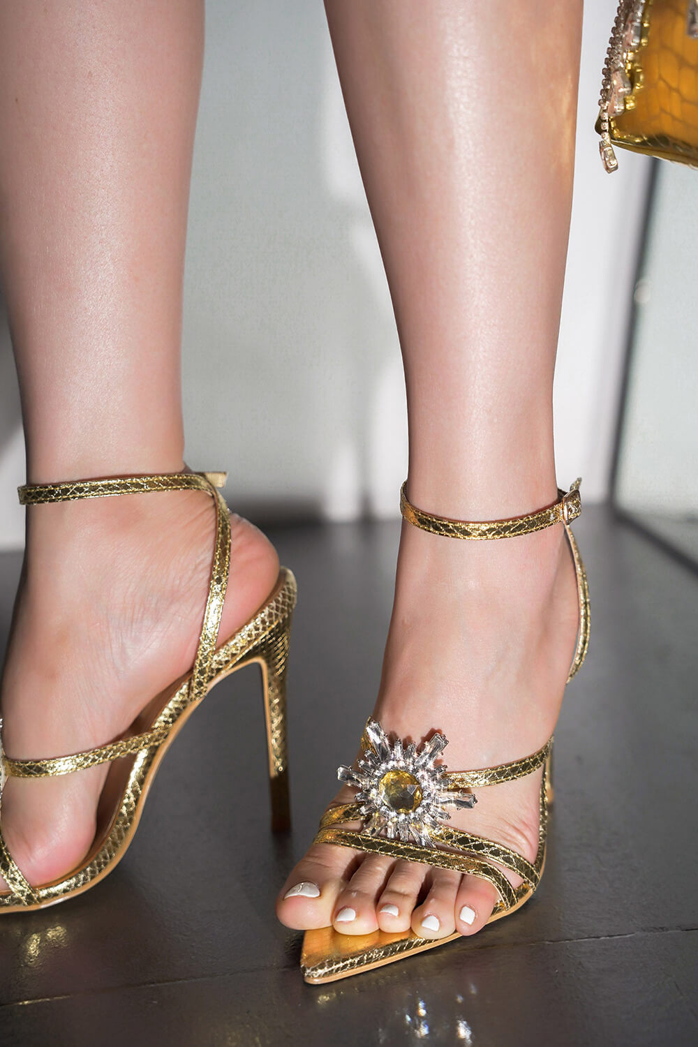 Diamante Embellished Pointed Toe Stiletto Sandals - Gold