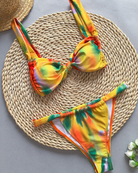 Multicolor Ombre Knot Front Strappy Bikini Set