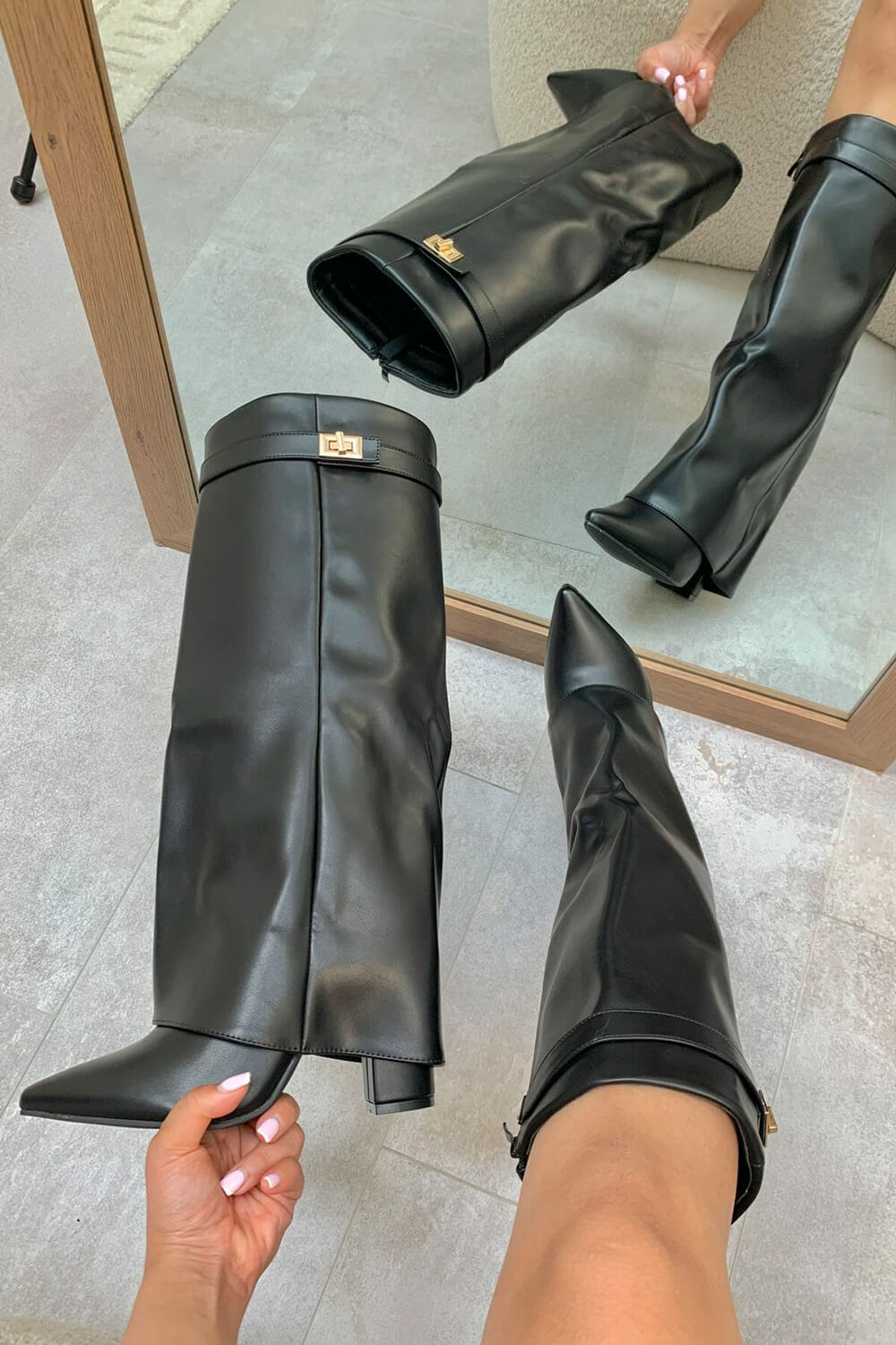 Faux Leather Fold Over Metal Lock Detail Knee High Boots – FloralKini