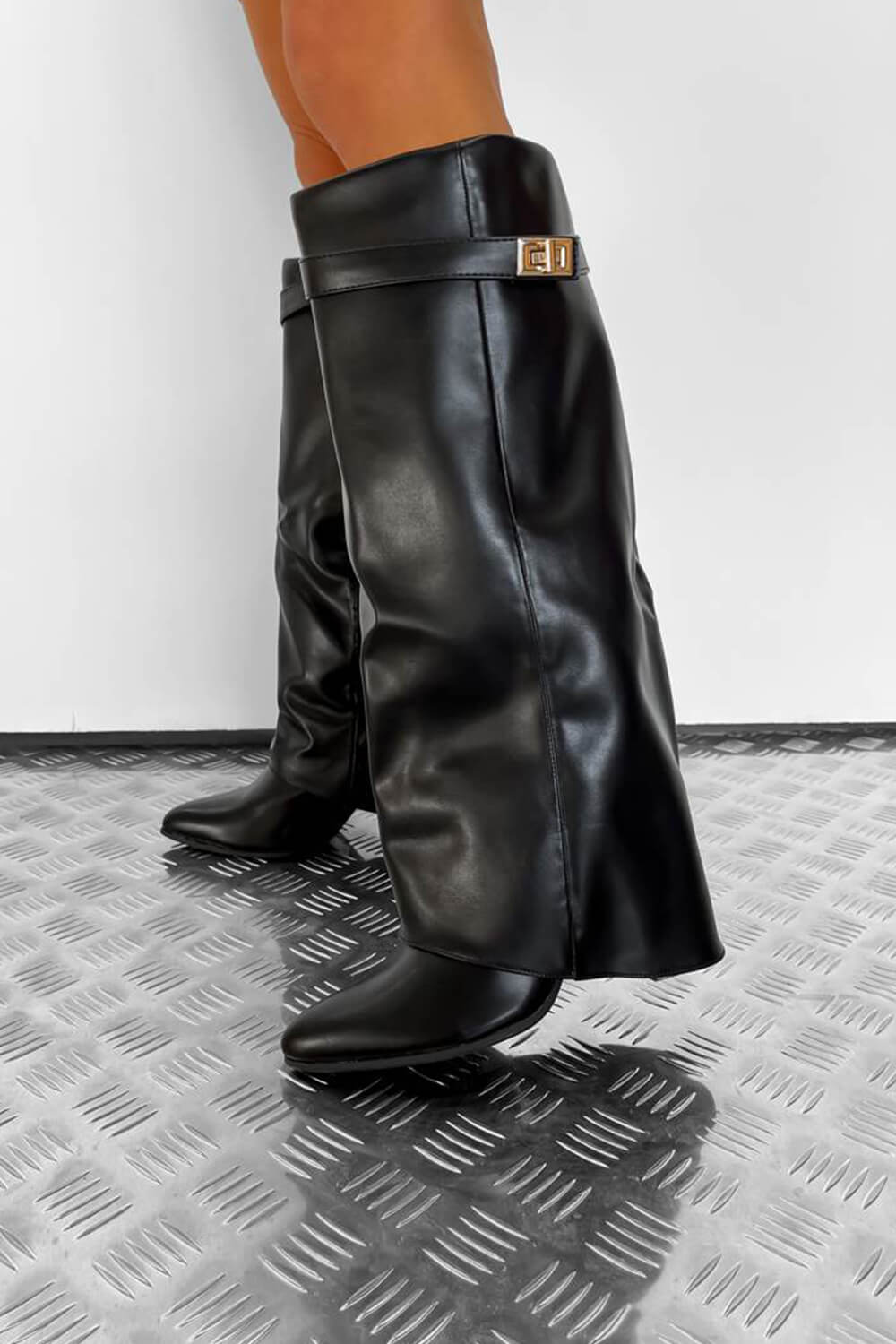 Faux Leather Fold Over Metal Lock Detail Knee High Boots – FloralKini