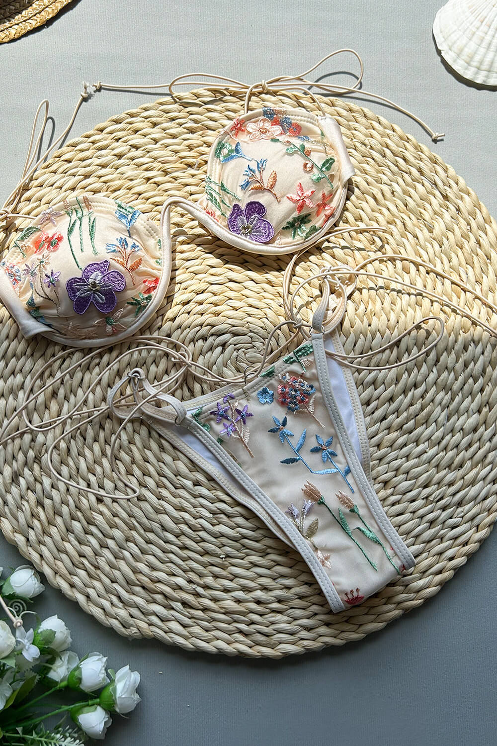 Embroidered Tie Side Bikini main image 1