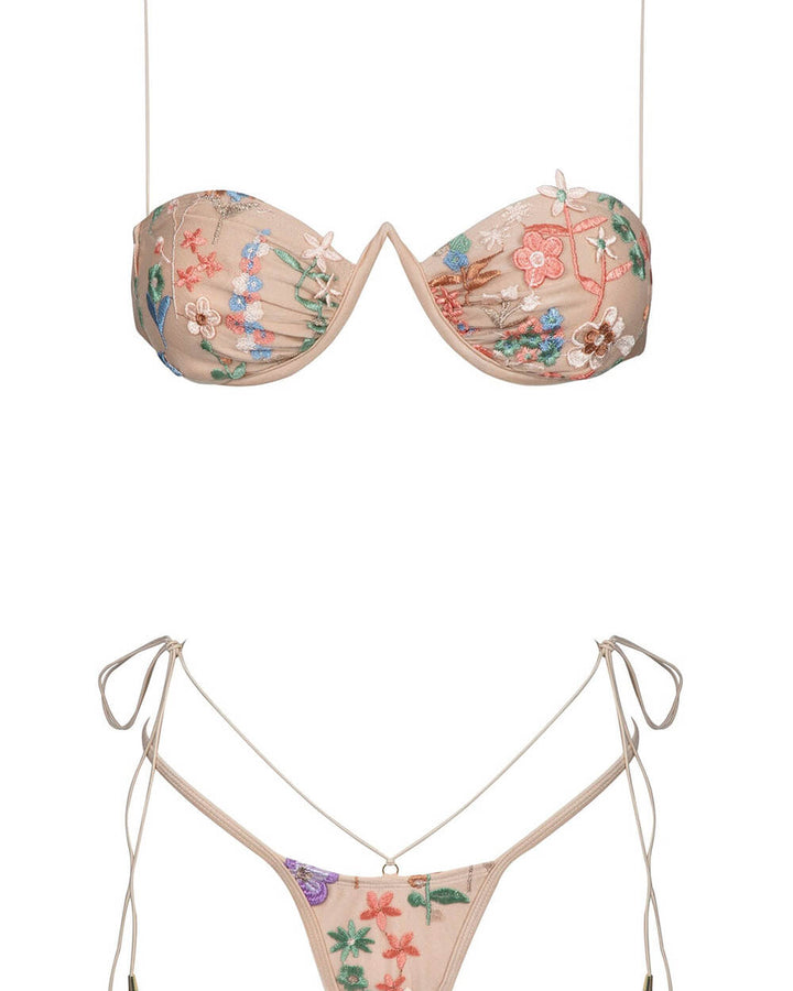 Sequin Embroidery Bandeau Balconette Underwire Tie Side Bikini Set