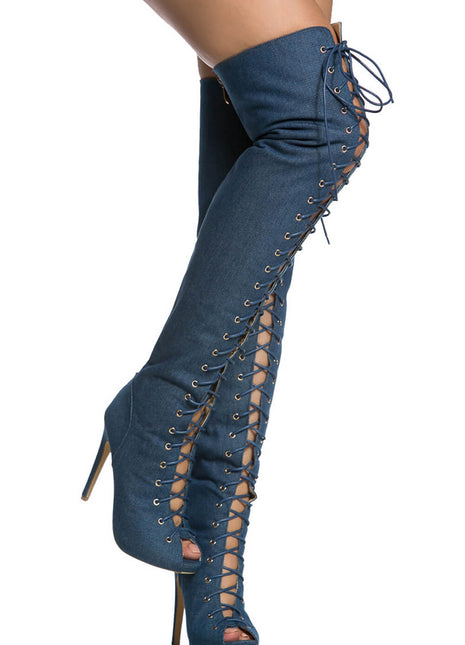 Denim Lace Up Peep Toe Thigh High Boots