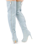 Denim Lace Up Peep Toe Thigh High Boots