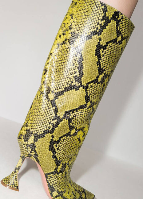 Python-Print Faux Leather Pointed Toe Wide Calf Knee-High Boots