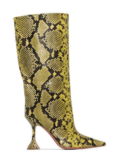Python-Print Faux Leather Pointed Toe Wide Calf Knee-High Boots