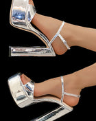 Metallic Silver Open Square Toe Platform Block Heels