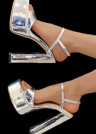 Metallic Silver Open Square Toe Platform Block Heels