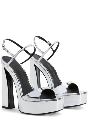 Metallic Silver Open Square Toe Platform Block Heels