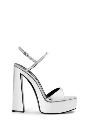 Metallic Silver Open Square Toe Platform Block Heels