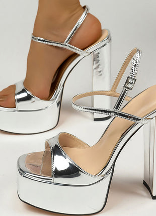 Metallic Silver Open Square Toe Platform Block Heels