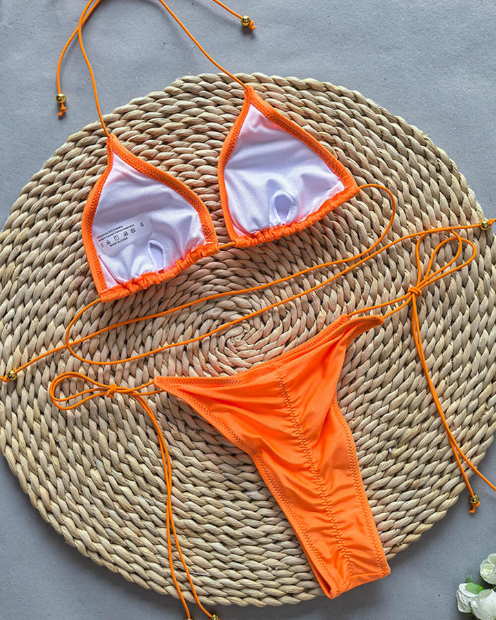 Orange Checkered Terry Towel Halter Triangle High-Cut Bikini Set