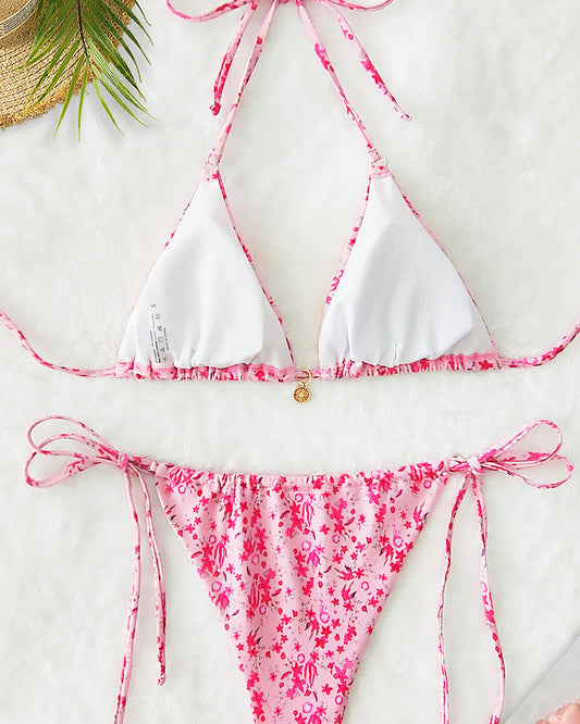 Hot Pink Floral Terry Towel Halter Triangle Tie Side Bikini Set