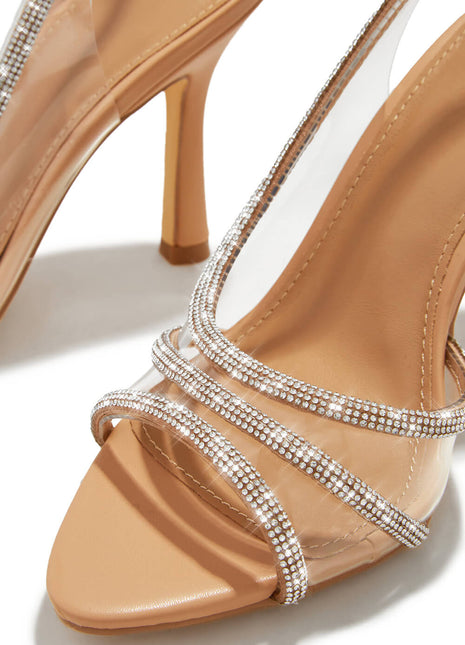Embellished Diamante Strap Slingback High Heels - Nude