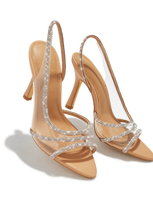 Embellished Diamante Strap Slingback High Heels - Nude