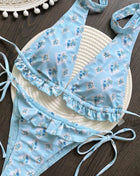 Blue Floral Print Ruffled Halterneck Tie Side Bikini Set