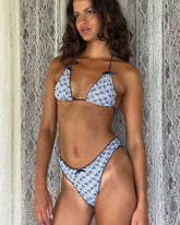 Floral Stripe Print Triangle Halter Tie Side Bikini Set With Bows