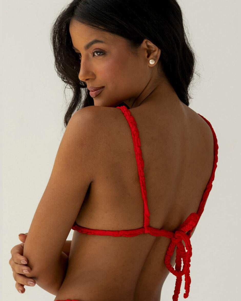 Textured Triangle Bikini Set With Gold Hardware Details & Short Sarong Skirt