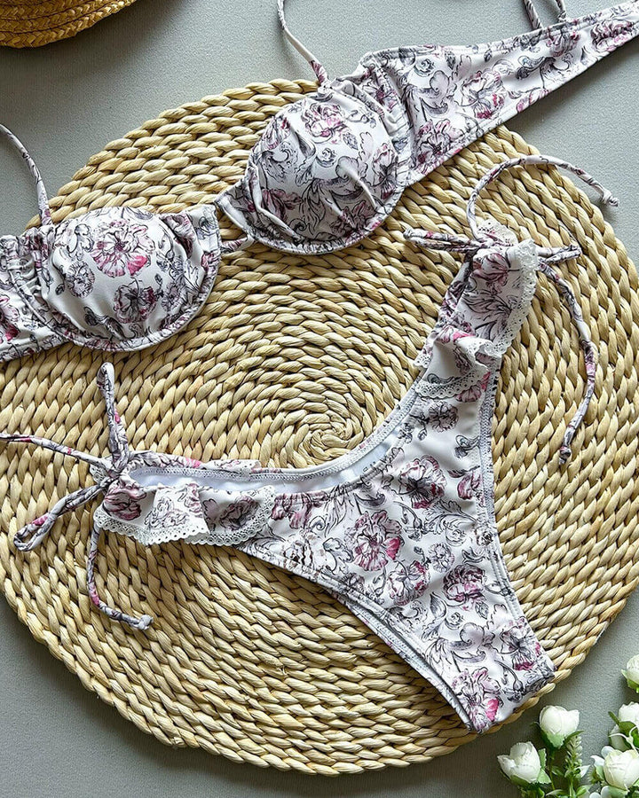 Flower Detail Ruched Underwired Halter Bikini Set