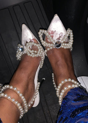 Pearl Bow Clear Perspex Wrap Around Pointed Toe Stiletto Court Heels