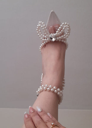 Pearl Bow Clear Perspex Wrap Around Pointed Toe Stiletto Court Heels