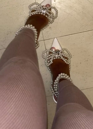 Pearl Bow Clear Perspex Wrap Around Pointed Toe Stiletto Court Heels