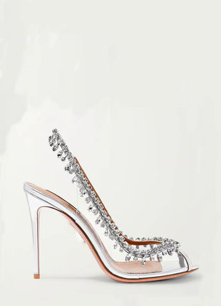 Transparent Crystal Embellished Pvc Open Toe Slingback Pump Heels
