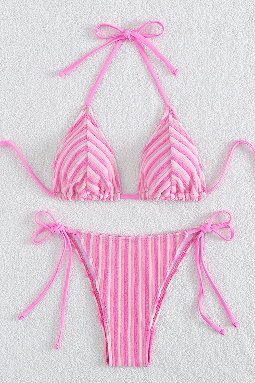 Pink Gingham Print Lace Trim Triangle Halter Tie Side Bikini Set With Bow Details